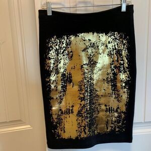 Veronique Miljkovitch skirt, EUC, black knit, gold, sz s, pull on, knee length